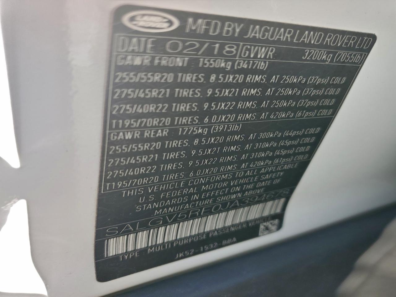 2018 Land Rover Range Rover Autobiography VIN: SALGV5RE0JA394678 Lot: 94182825