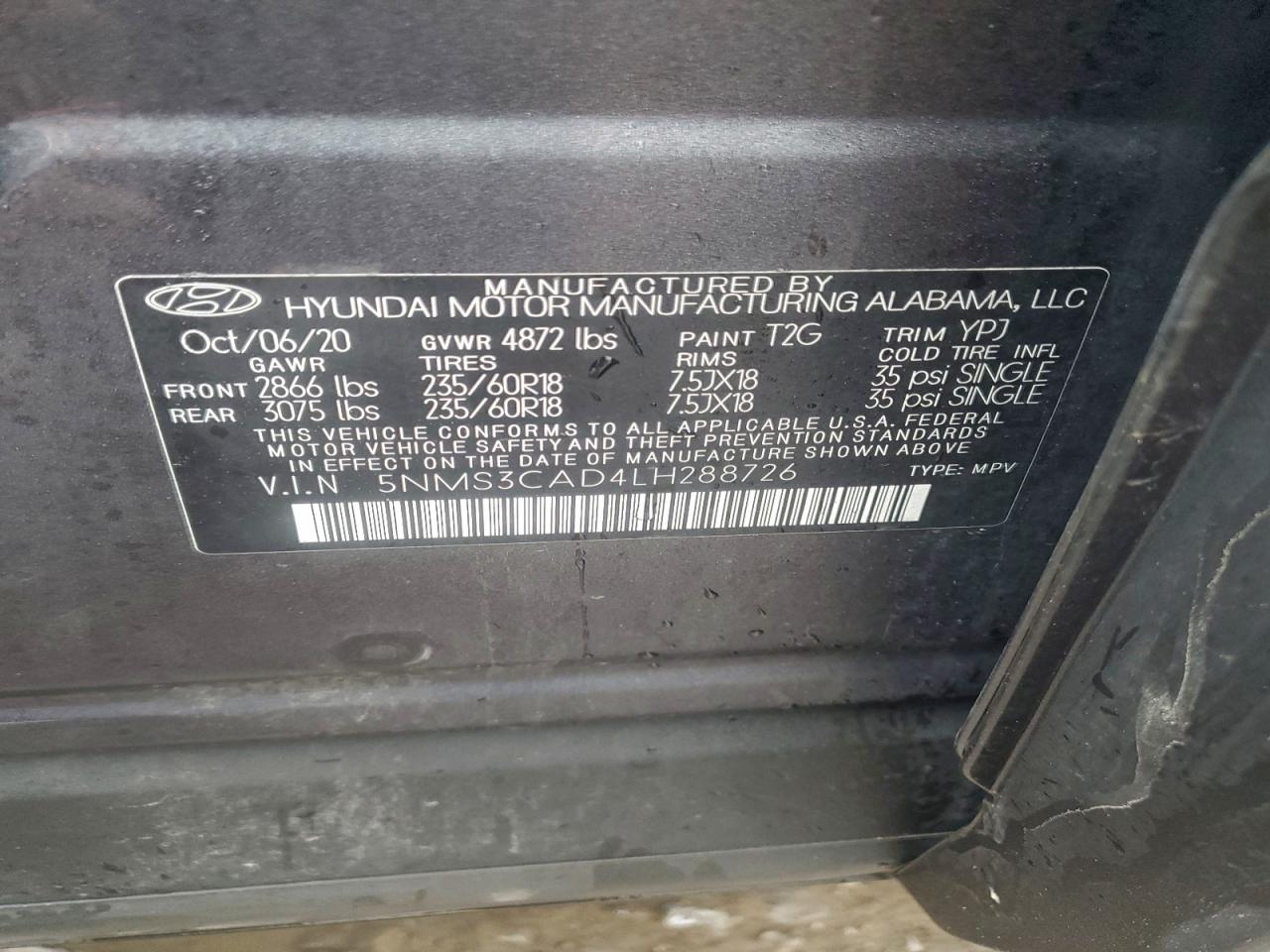 2020 Hyundai Santa Fe Sel VIN: 5NMS3CAD4LH288726 Lot: 94364165