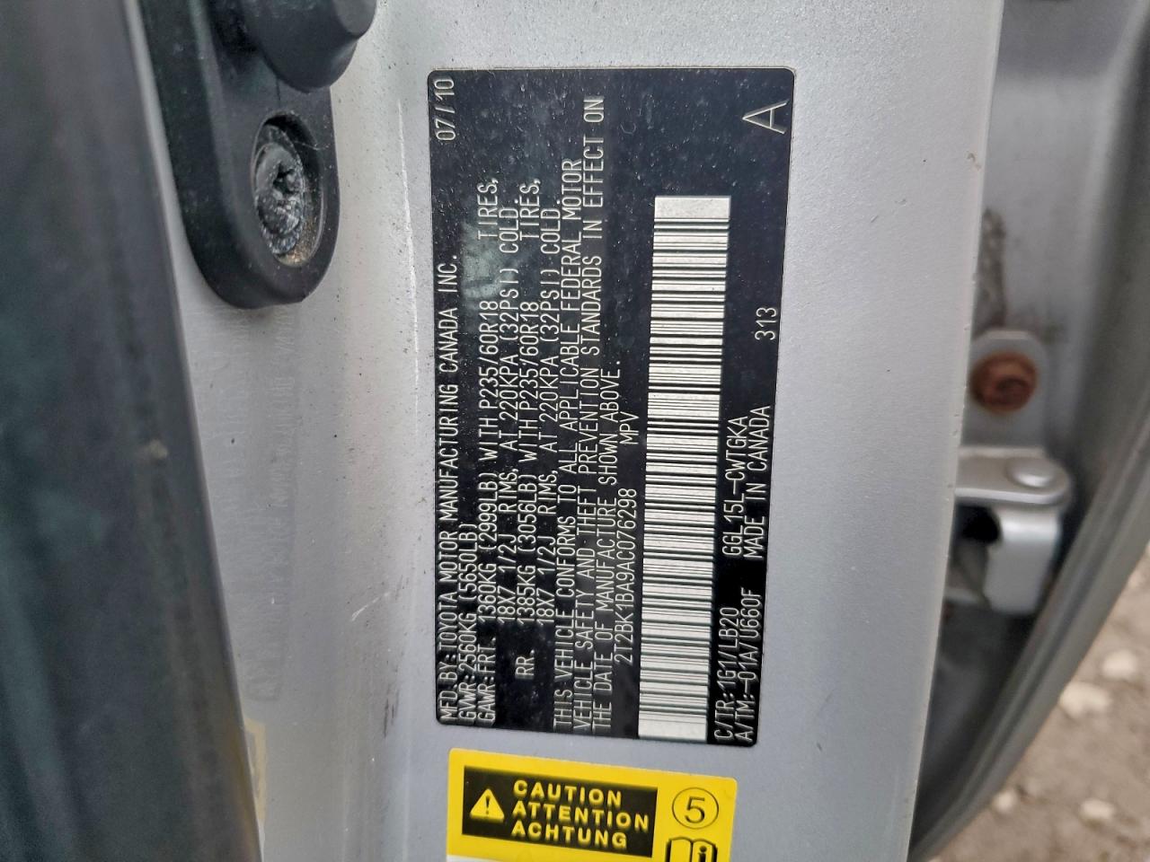 2010 Lexus Rx 350 VIN: 2T2BK1BA9AC076298 Lot: 93865125