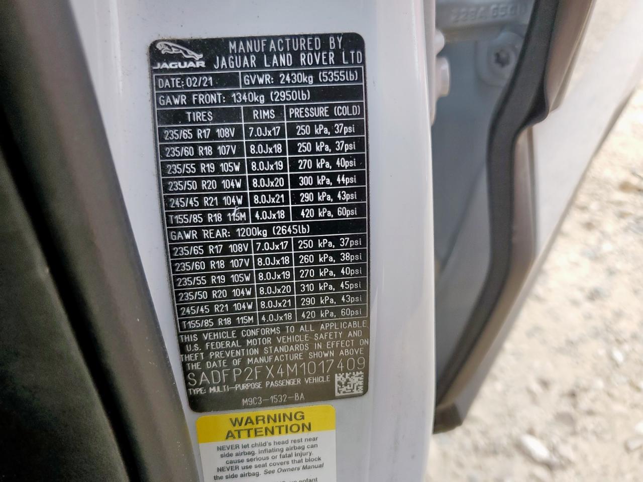 2021 Jaguar E-Pace Se VIN: SADFP2FX4M1017409 Lot: 91046985