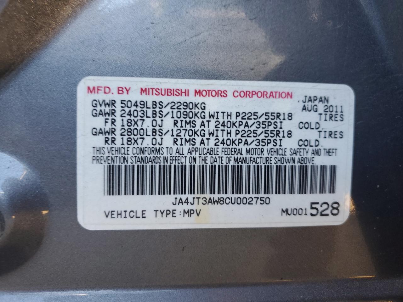 2012 Mitsubishi Outlander Se VIN: JA4JT3AW8CU002750 Lot: 85421935