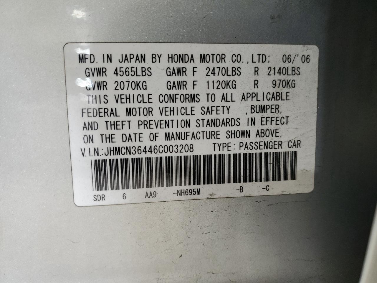 2006 Honda Accord Hybrid VIN: JHMCN36446C003208 Lot: 92574205