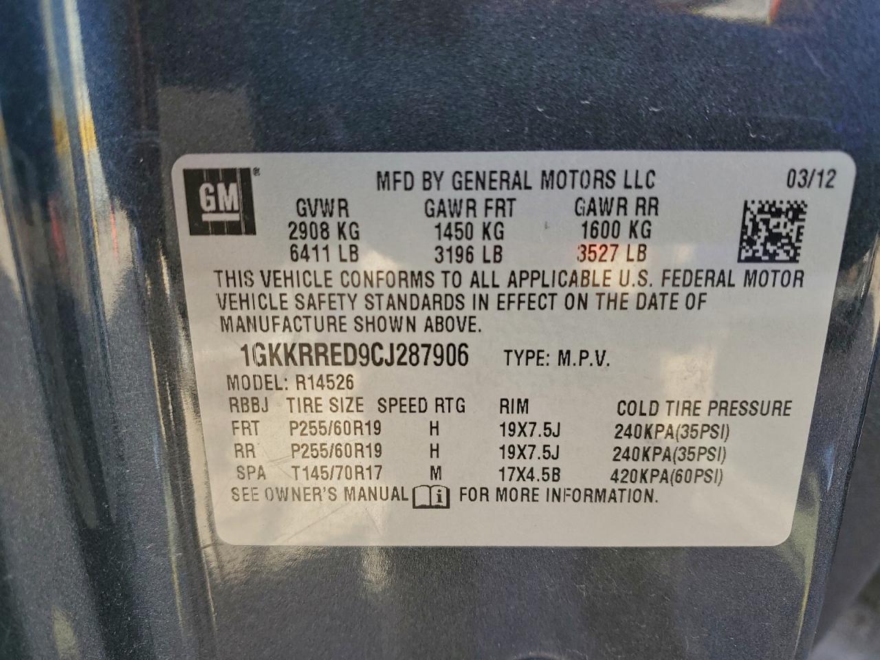 2012 GMC Acadia Slt-1 VIN: 1GKKRRED9CJ287906 Lot: 94560925