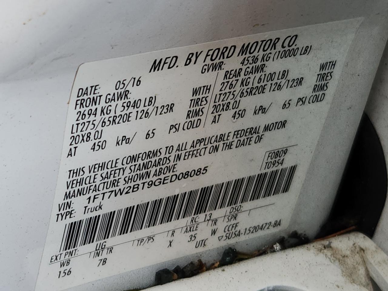 2016 Ford F250 Super Duty VIN: 1FT7W2BT9GED08085 Lot: 87202165