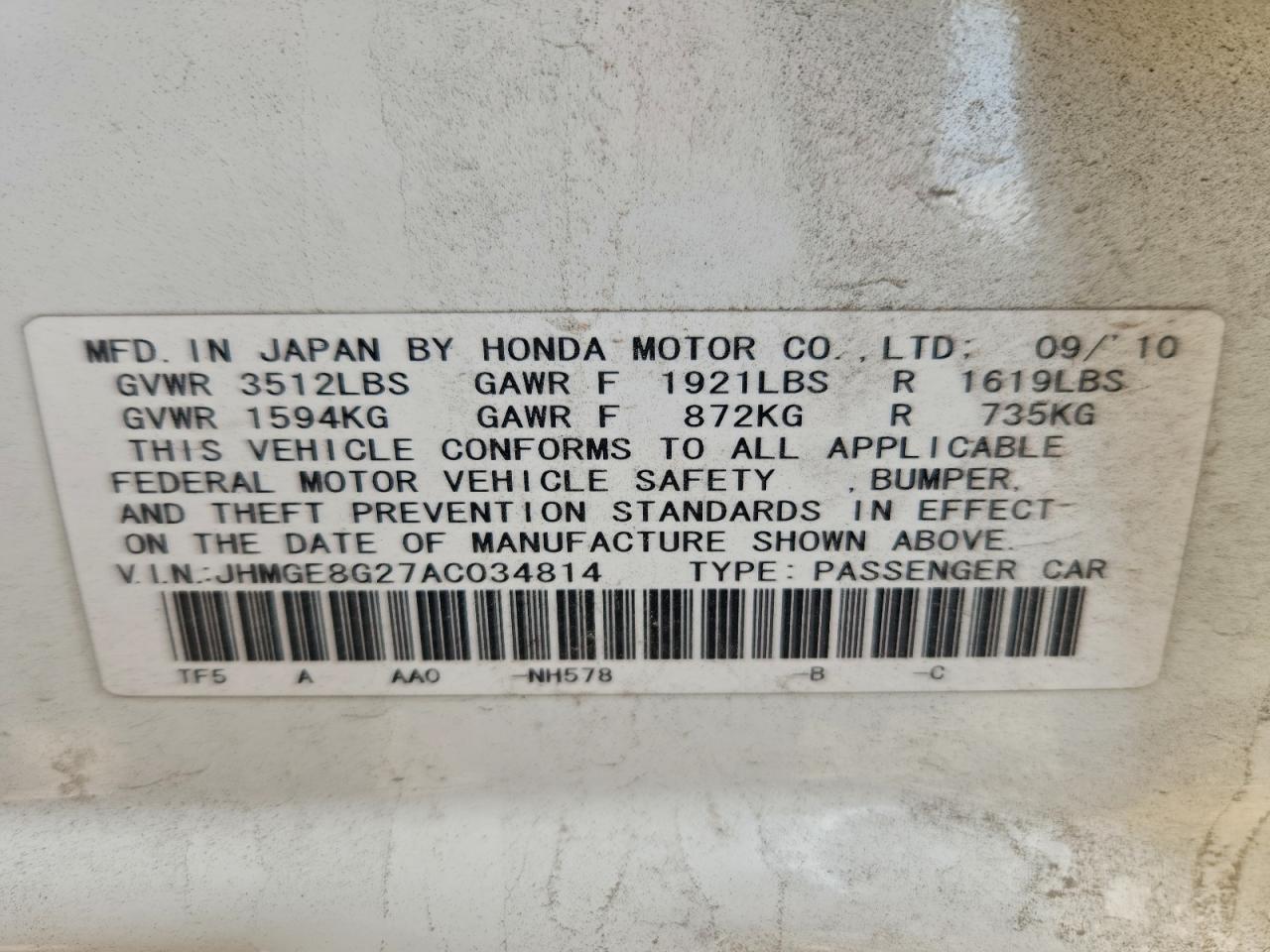 2010 Honda Fit VIN: JHMGE8G27AC034814 Lot: 93962885