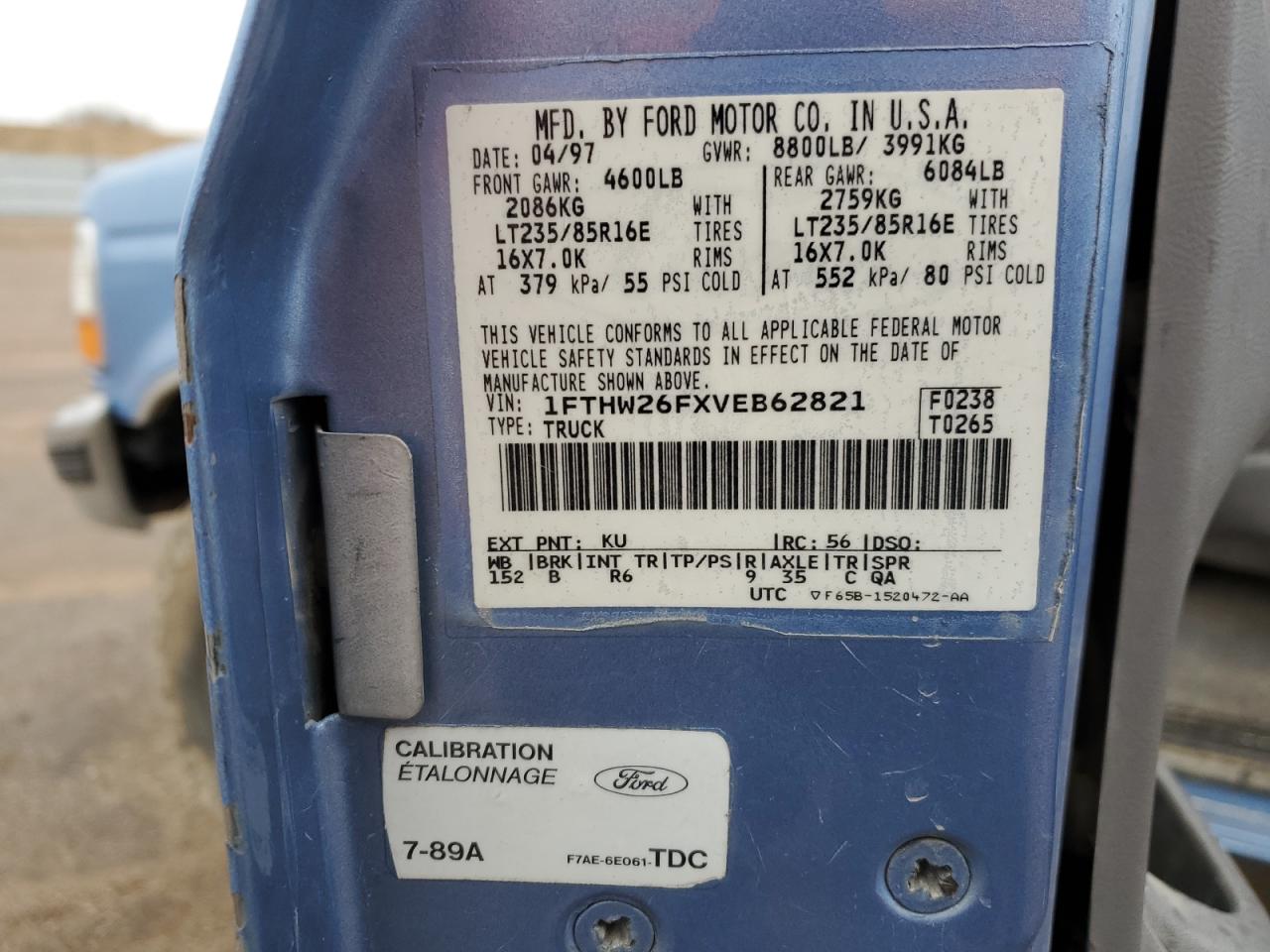 1997 Ford F250 VIN: 1FTHW26FXVEB62821 Lot: 92748335