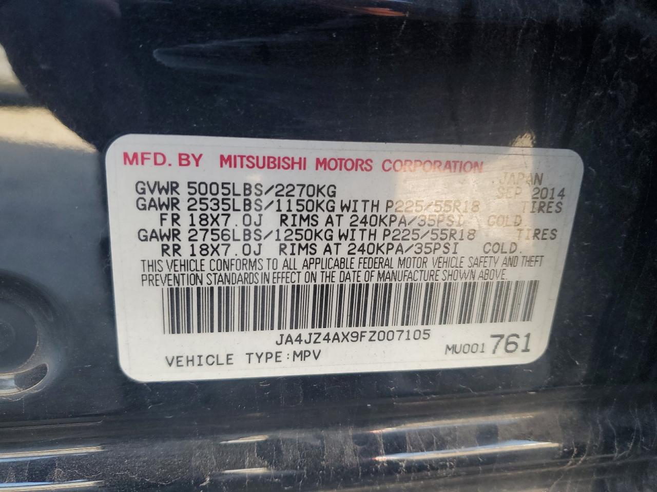 2015 Mitsubishi Outlander Gt VIN: JA4JZ4AX9FZ007105 Lot: 90952355