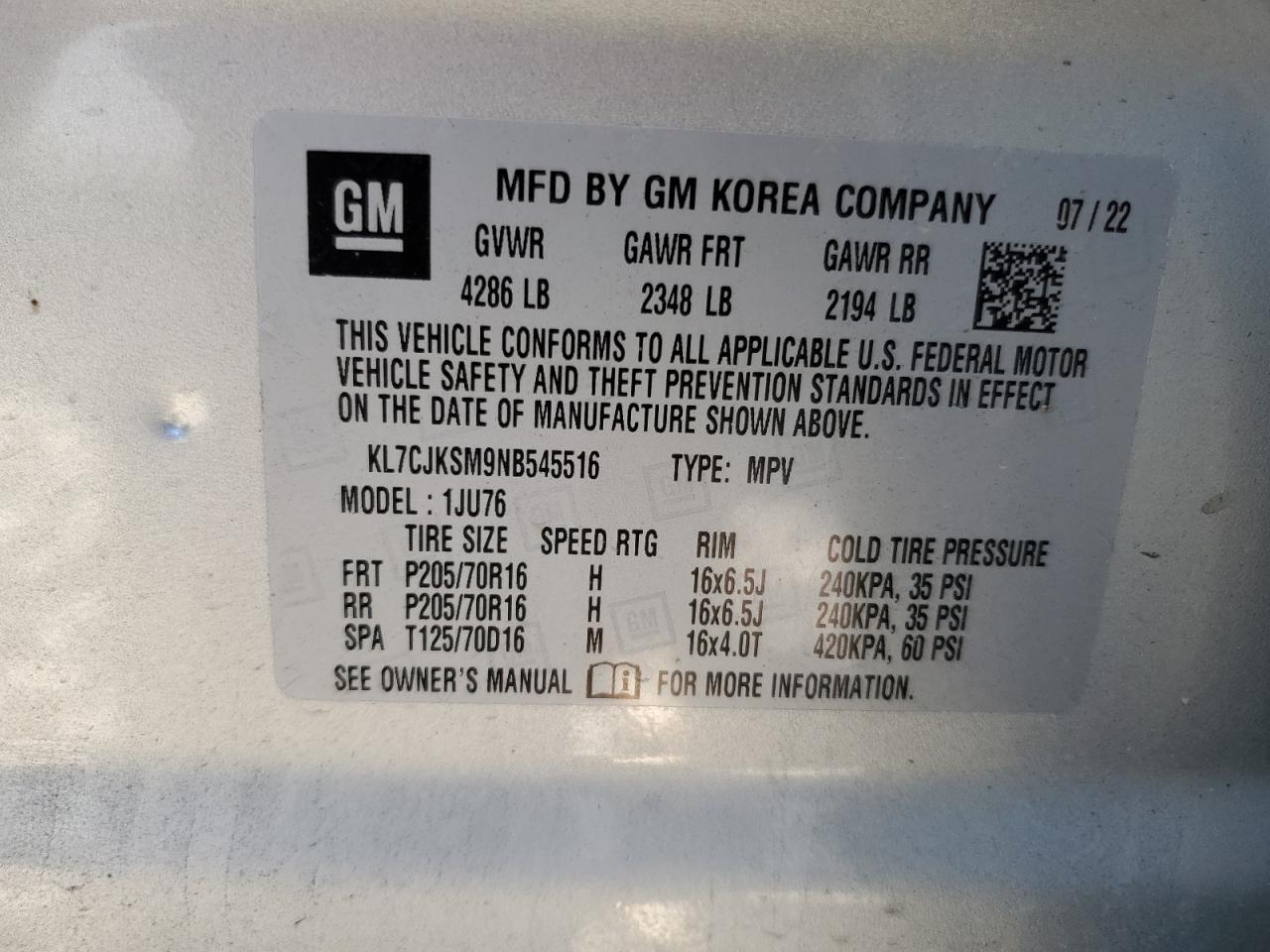 2022 Chevrolet Trax Ls VIN: KL7CJKSM9NB545516 Lot: 92104585