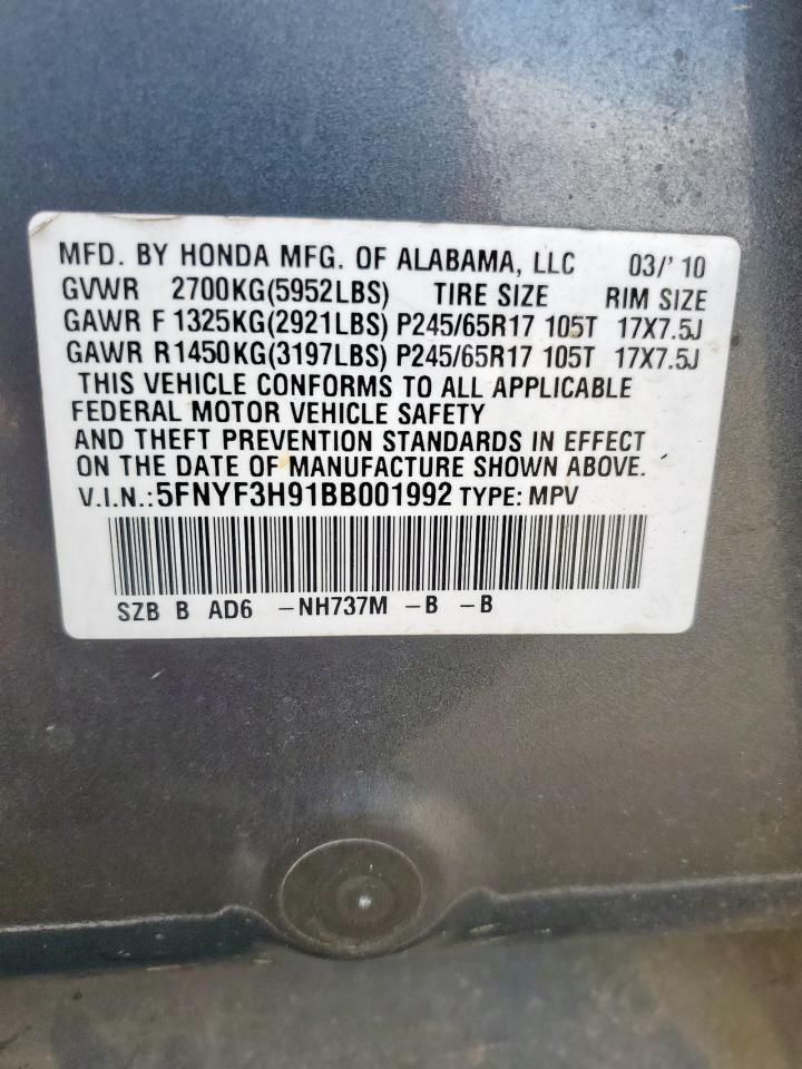 2011 Honda Pilot Touring VIN: 5FNYF3H91BB001992 Lot: 91784295