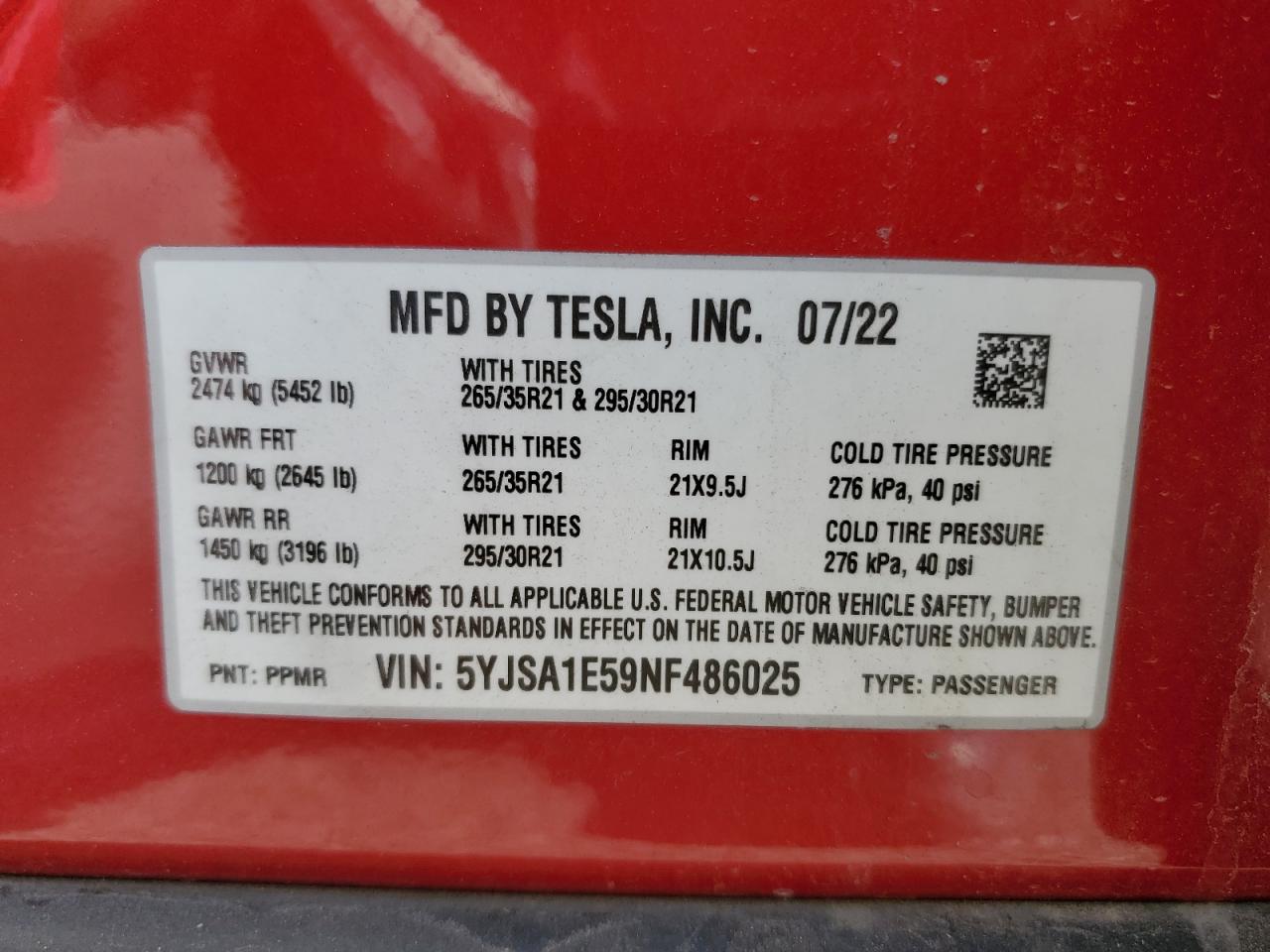 2022 Tesla Model S VIN: 5YJSA1E59NF486025 Lot: 90341895