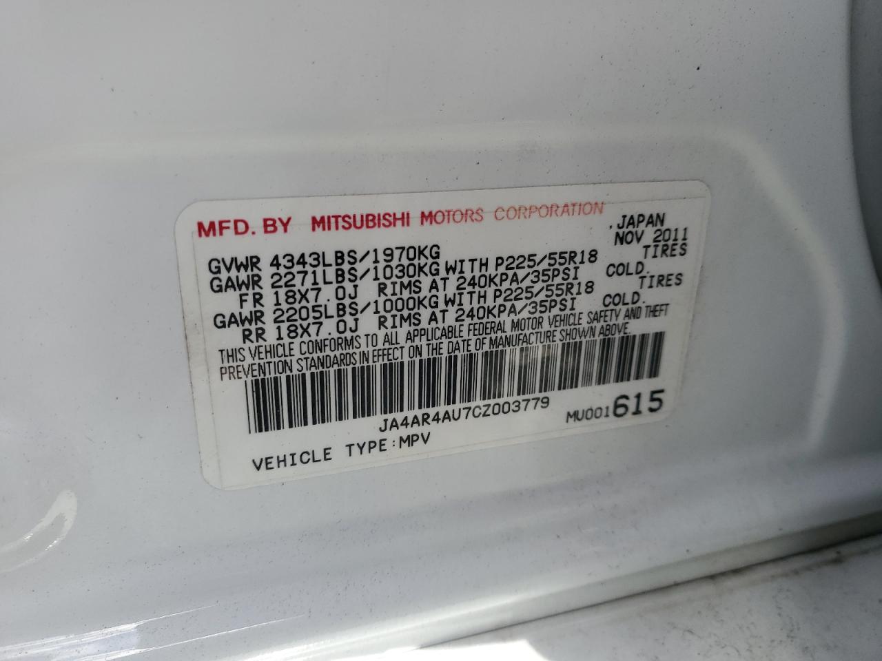 2012 Mitsubishi Outlander Sport Se VIN: JA4AR4AU7CZ003779 Lot: 92845195