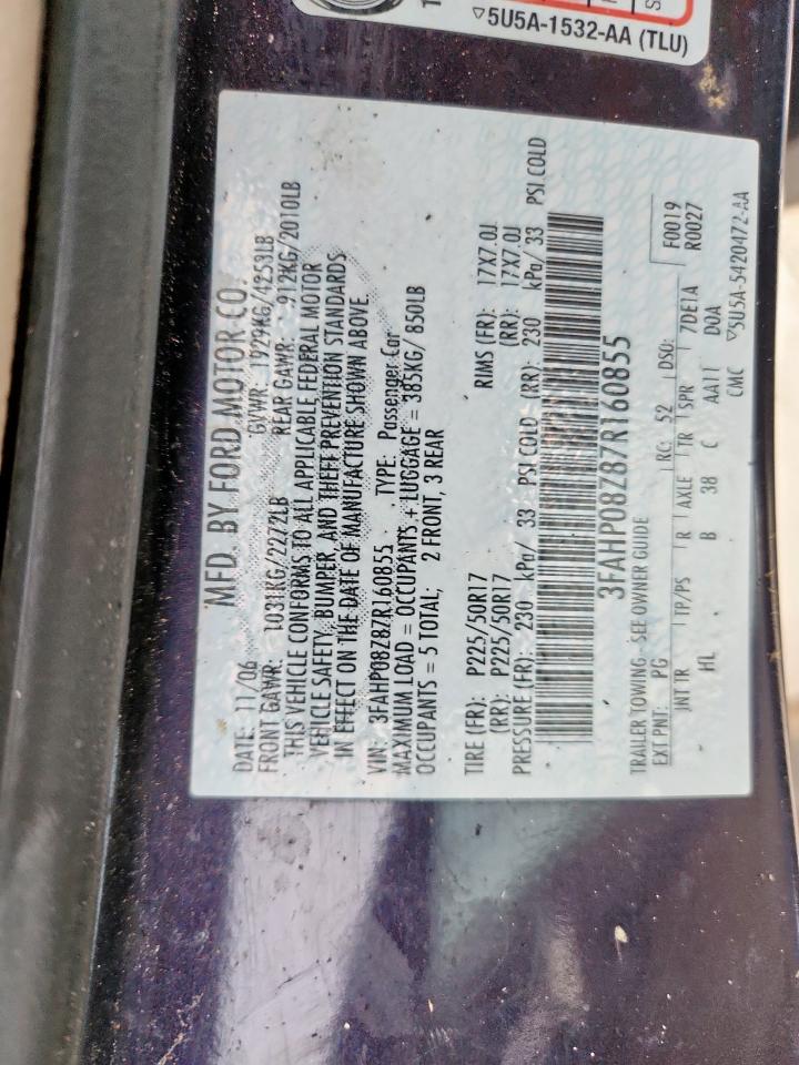 2007 Ford Fusion Sel VIN: 3FAHP08Z87R160855 Lot: 92751265