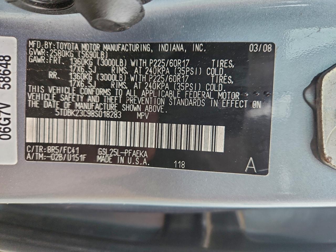 2008 Toyota Sienna Le VIN: 5TDBK23C98S018283 Lot: 94047135