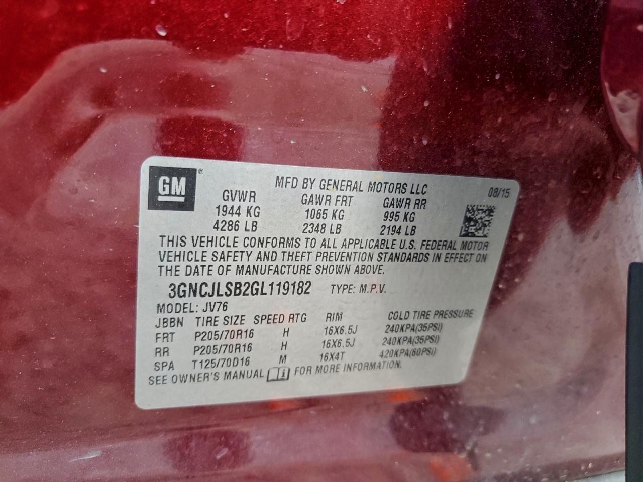 2016 Chevrolet Trax 1Lt VIN: 3GNCJLSB2GL119182 Lot: 93243785