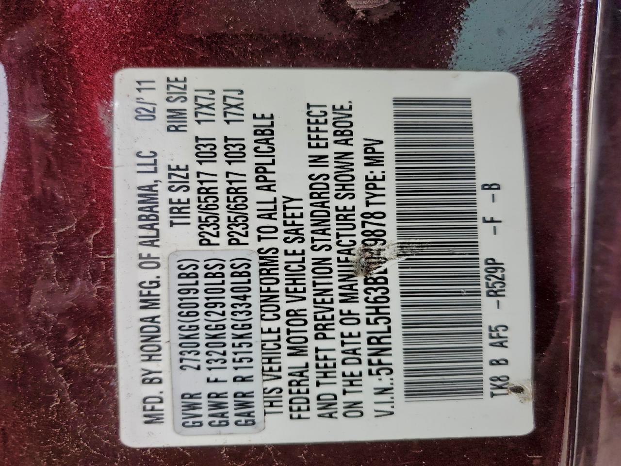 2011 Honda Odyssey Exl VIN: 5FNRL5H63BB049878 Lot: 93736295