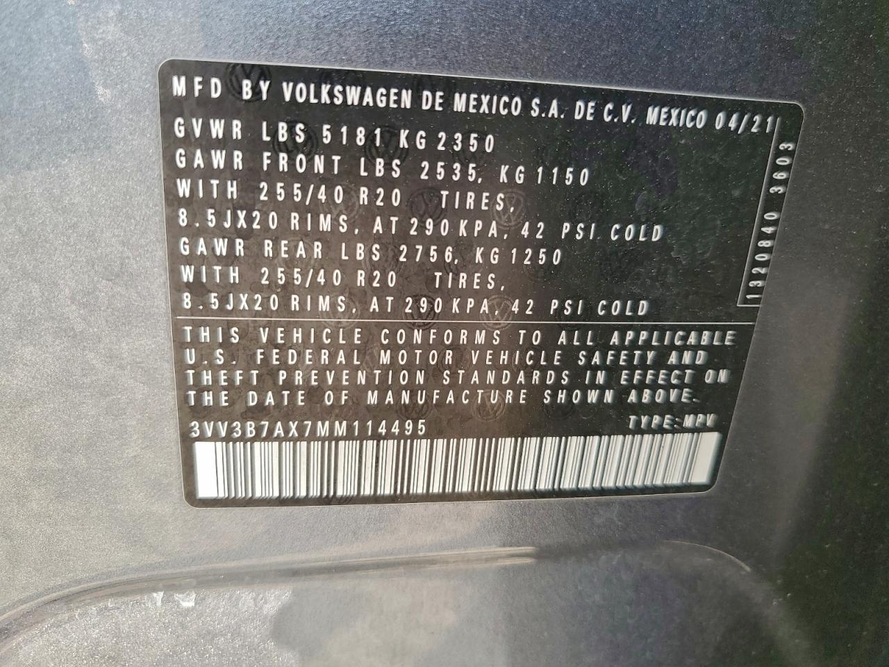 2021 Volkswagen Tiguan Se VIN: 3VV3B7AX7MM114495 Lot: 93655785