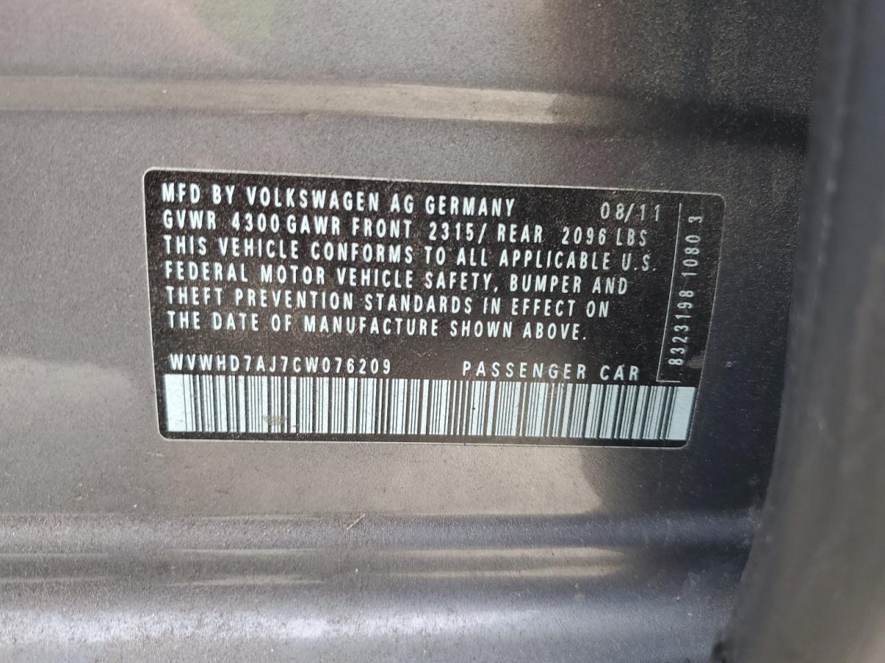 2012 Volkswagen Gti VIN: WVWHD7AJ7CW076209 Lot: 93417365