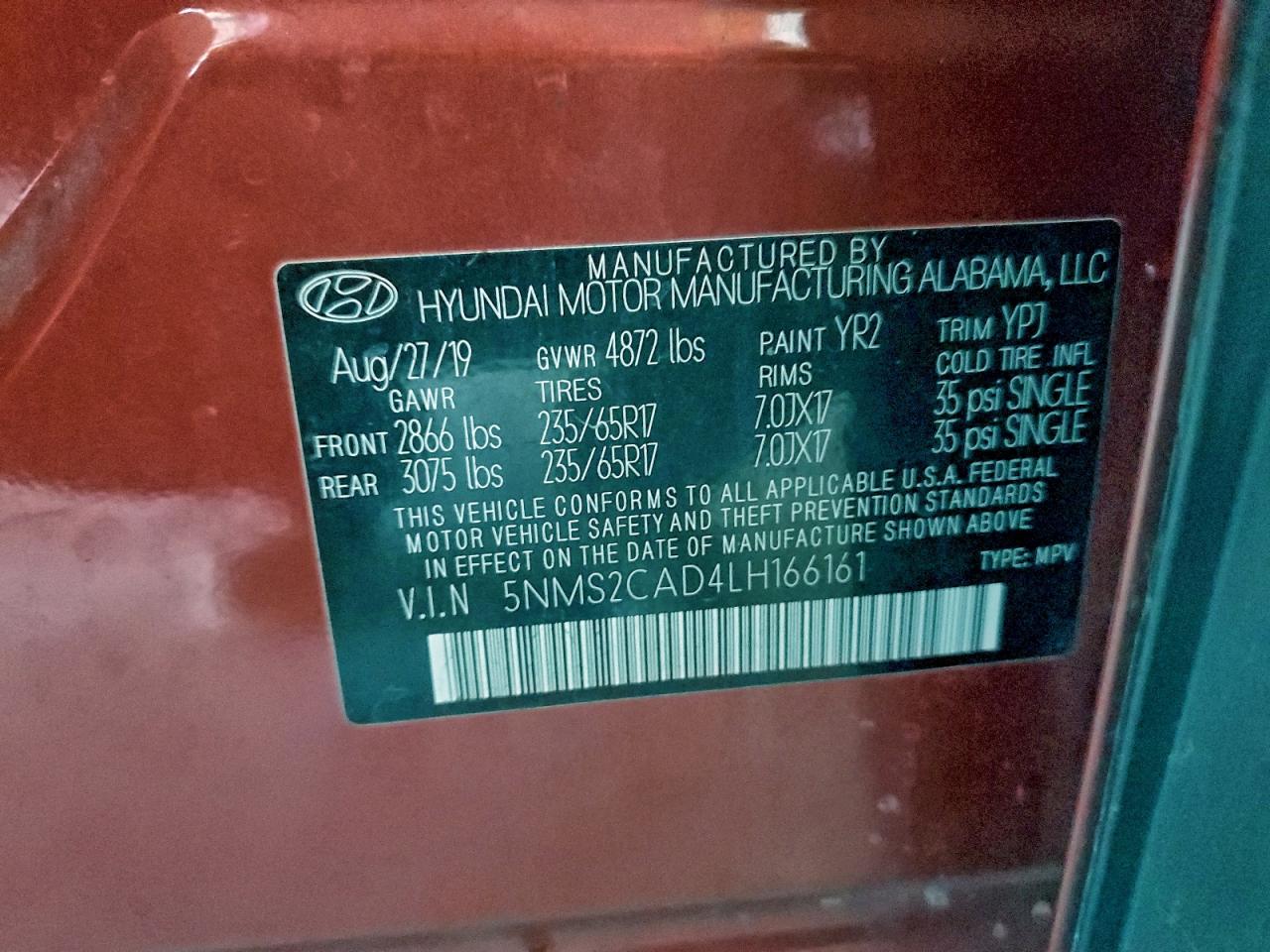 2020 Hyundai Santa Fe Se VIN: 5NMS2CAD4LH166161 Lot: 94595685