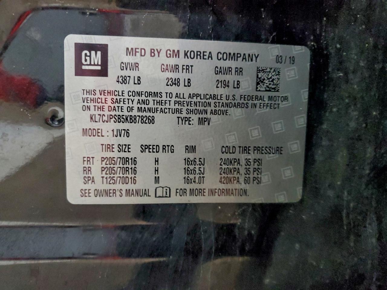 2019 Chevrolet Trax 1Lt VIN: KL7CJPSB5KB878268 Lot: 94772945