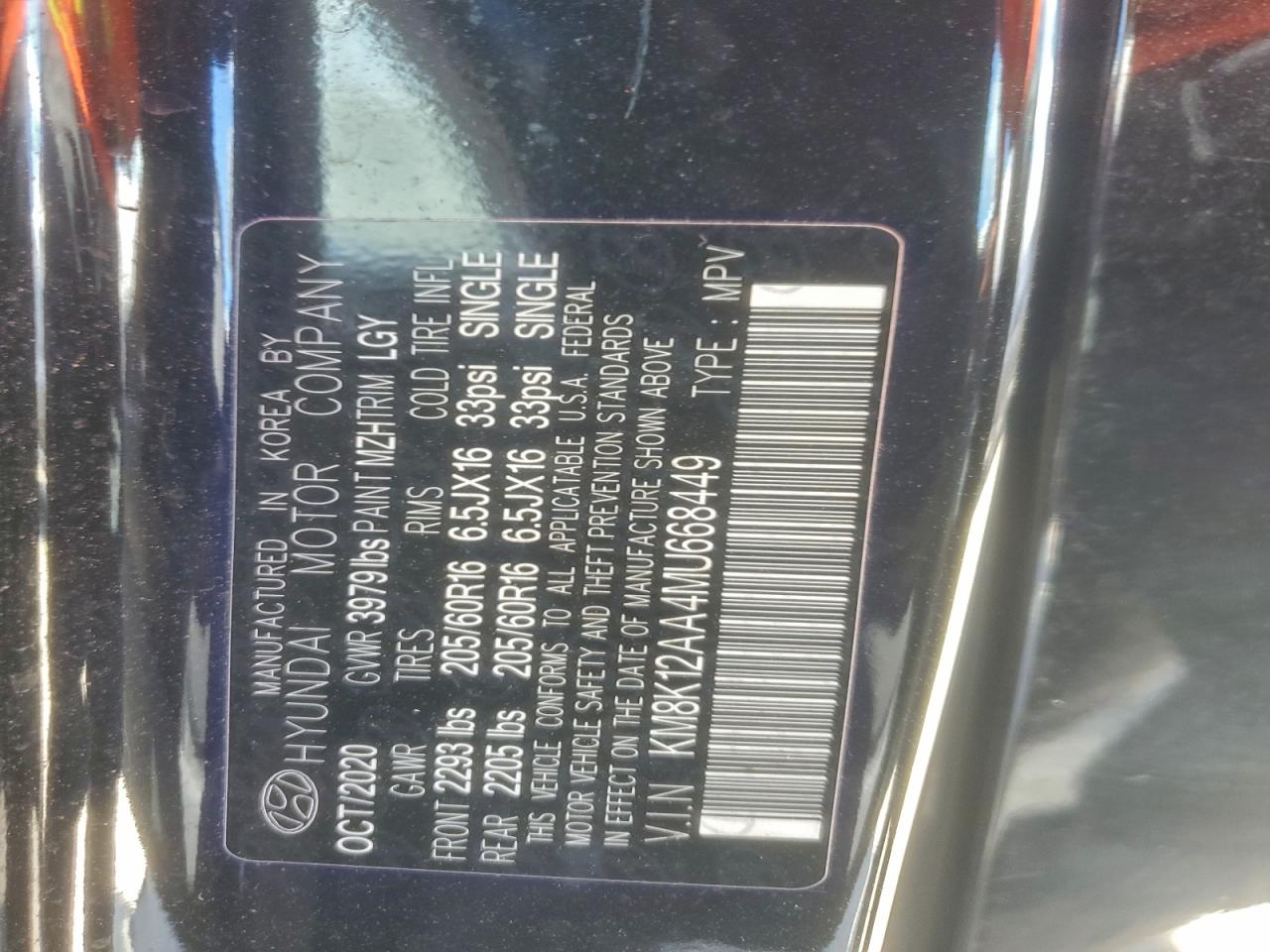 2021 Hyundai Kona Se VIN: KM8K12AA4MU668449 Lot: 93422525