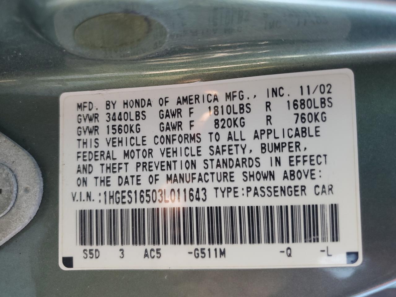 2003 Honda Civic Lx VIN: 1HGES16503L011643 Lot: 90985945