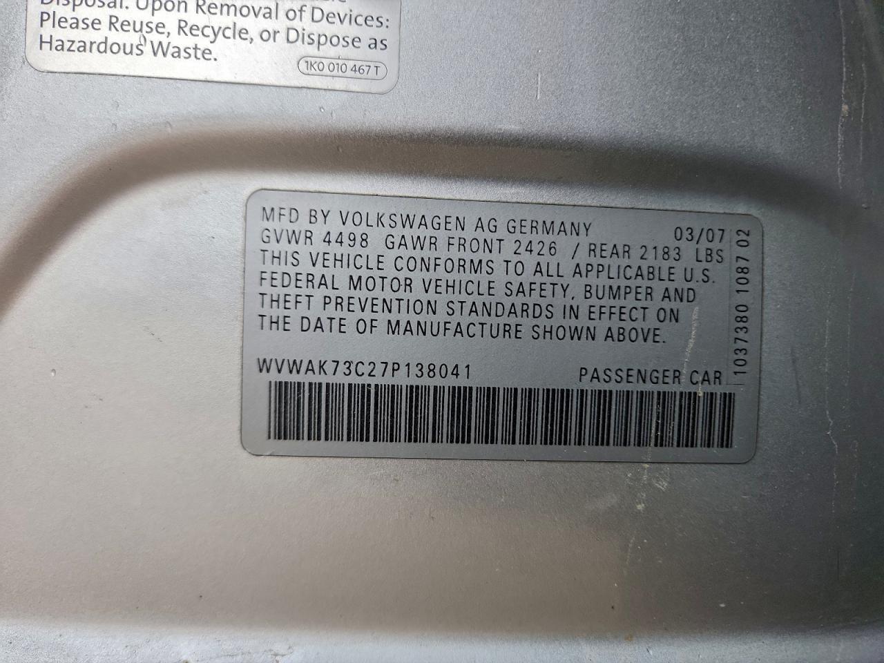 2007 Volkswagen Passat 2.0T VIN: WVWAK73C27P138041 Lot: 93636885