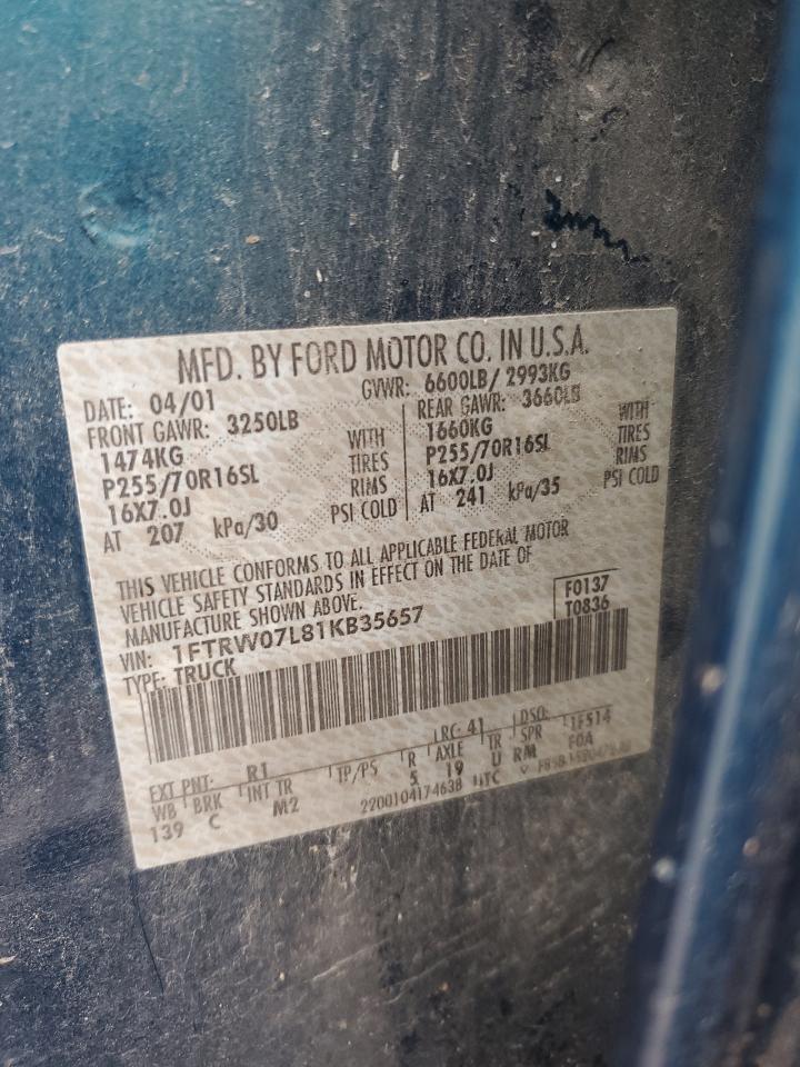 2001 Ford F150 Supercrew VIN: 1FTRW07L81KB35657 Lot: 92014995