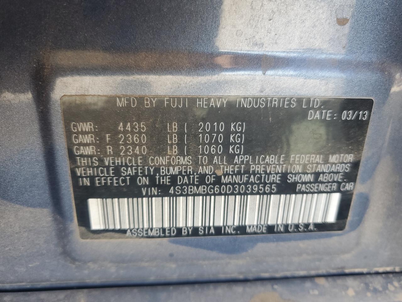2013 Subaru Legacy 2.5I Premium VIN: 4S3BMBG60D3039565 Lot: 92198745
