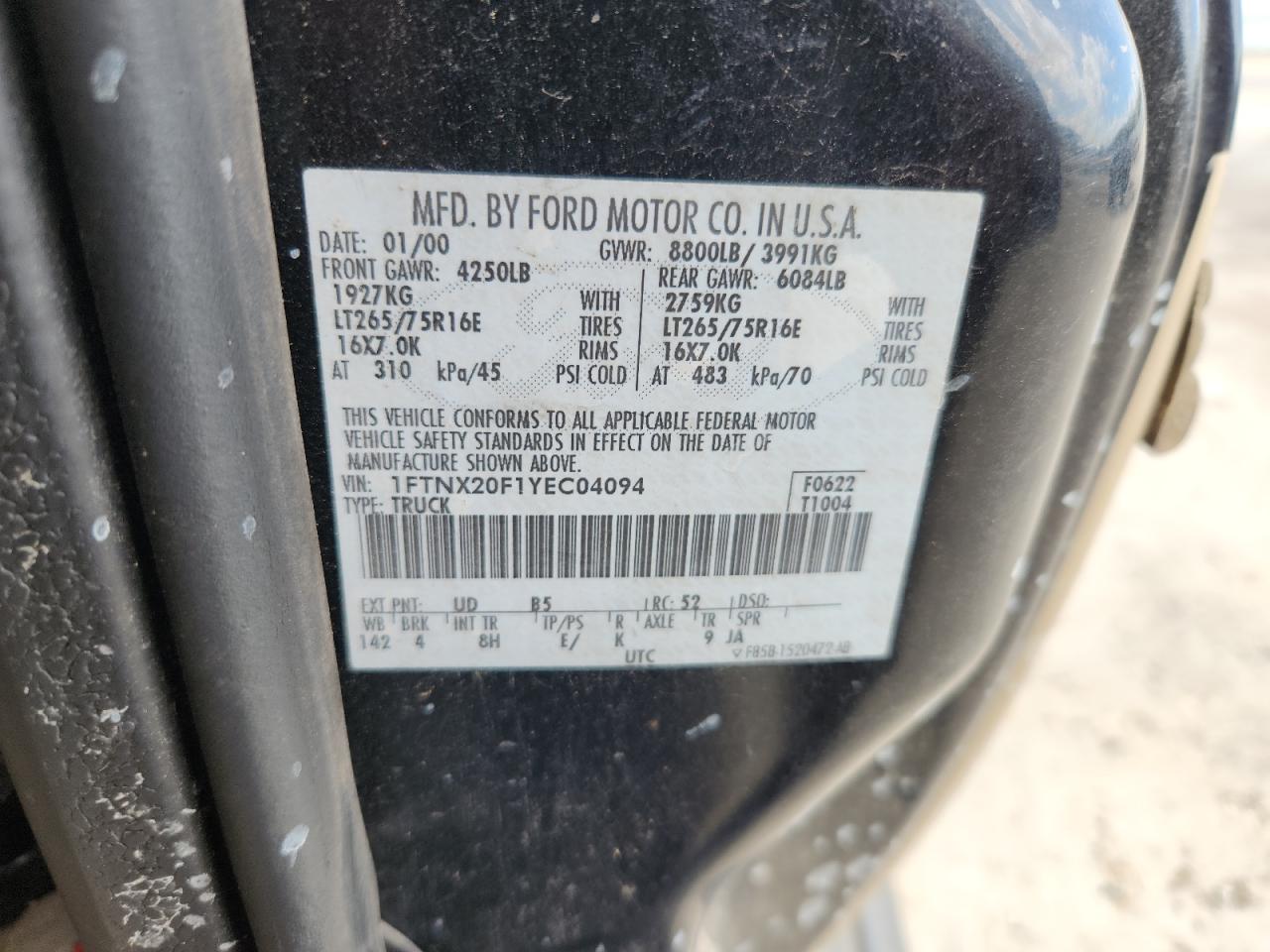 2000 Ford F250 Super Duty VIN: 1FTNX20F1YEC04094 Lot: 91884475