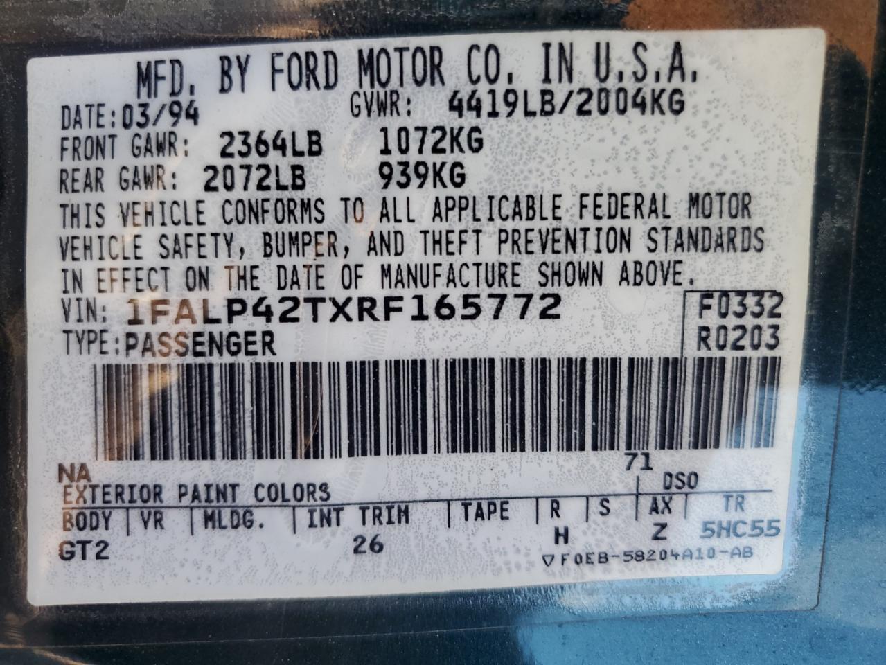 1994 Ford Mustang Gt VIN: 1FALP42TXRF165772 Lot: 93426045