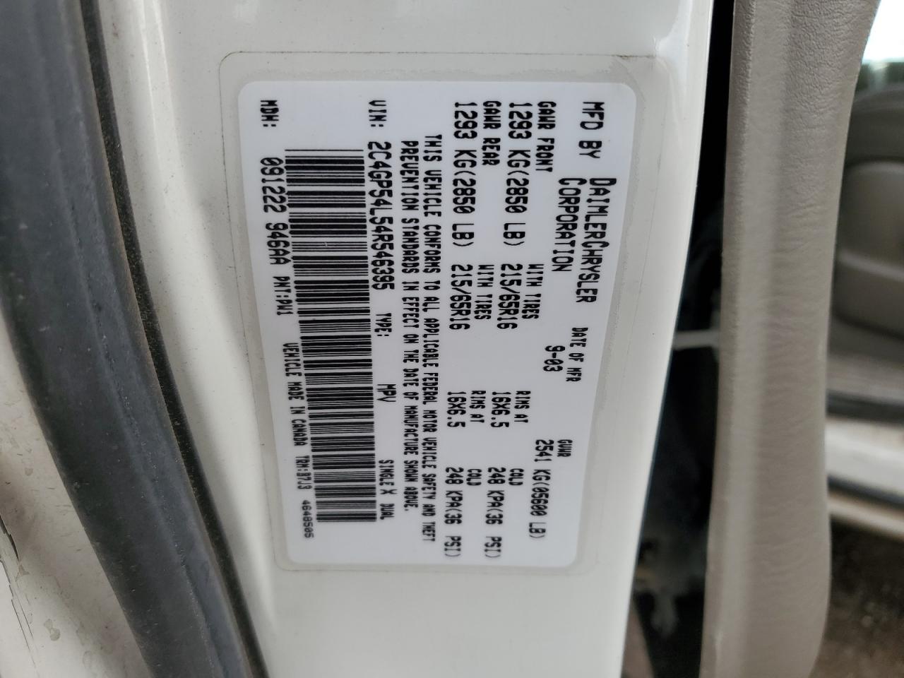 2004 Chrysler Town & Country Touring VIN: 2C4GP54L54R546395 Lot: 93244605