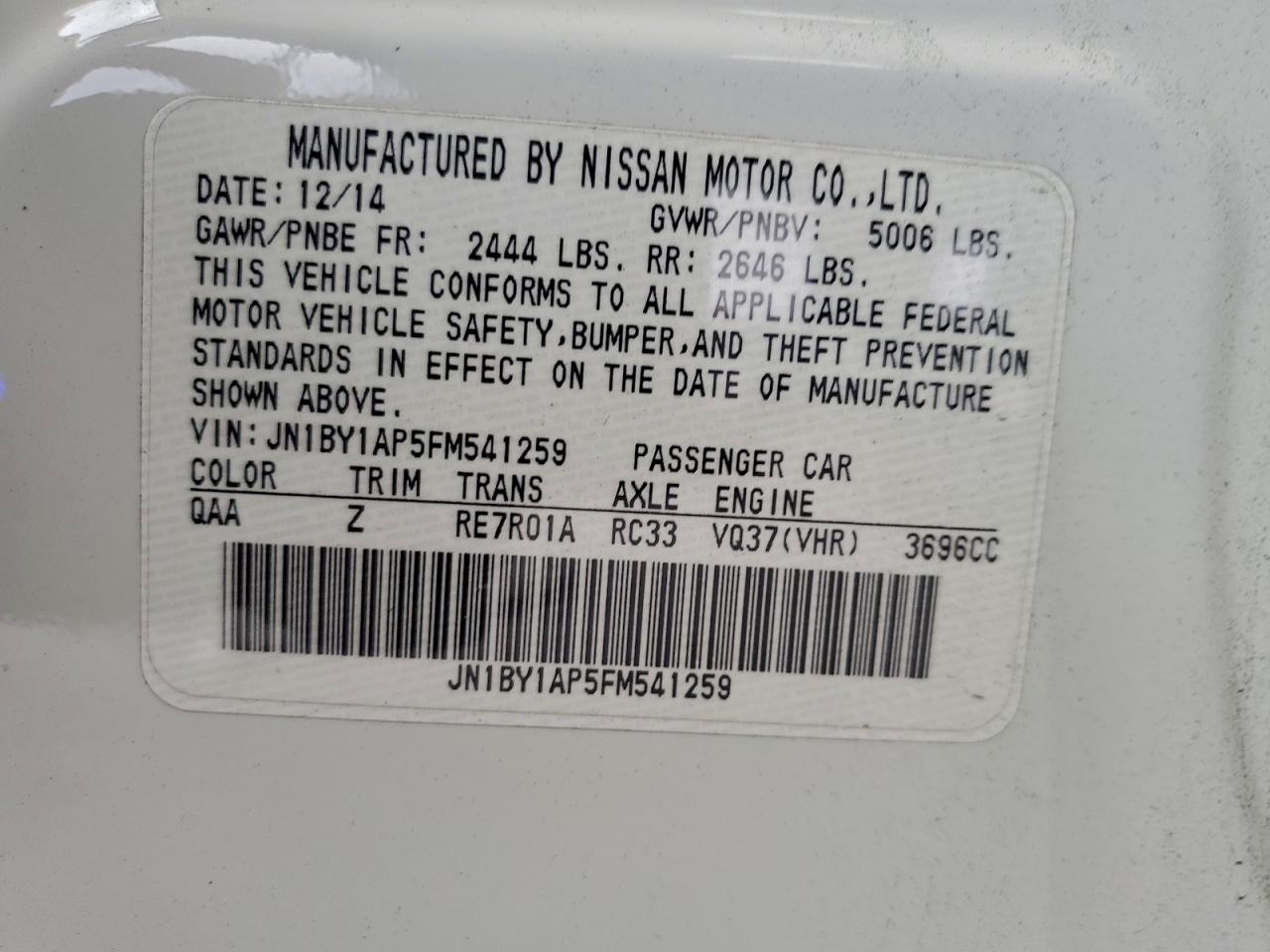 2015 Infiniti Q70 3.7 VIN: JN1BY1AP5FM541259 Lot: 94115985