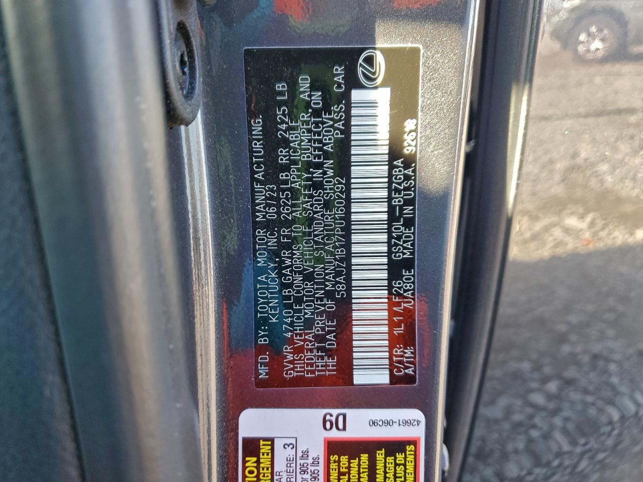 2023 Lexus Es 350 F Sport Handling VIN: 58AJZ1B17PU160292 Lot: 93912185