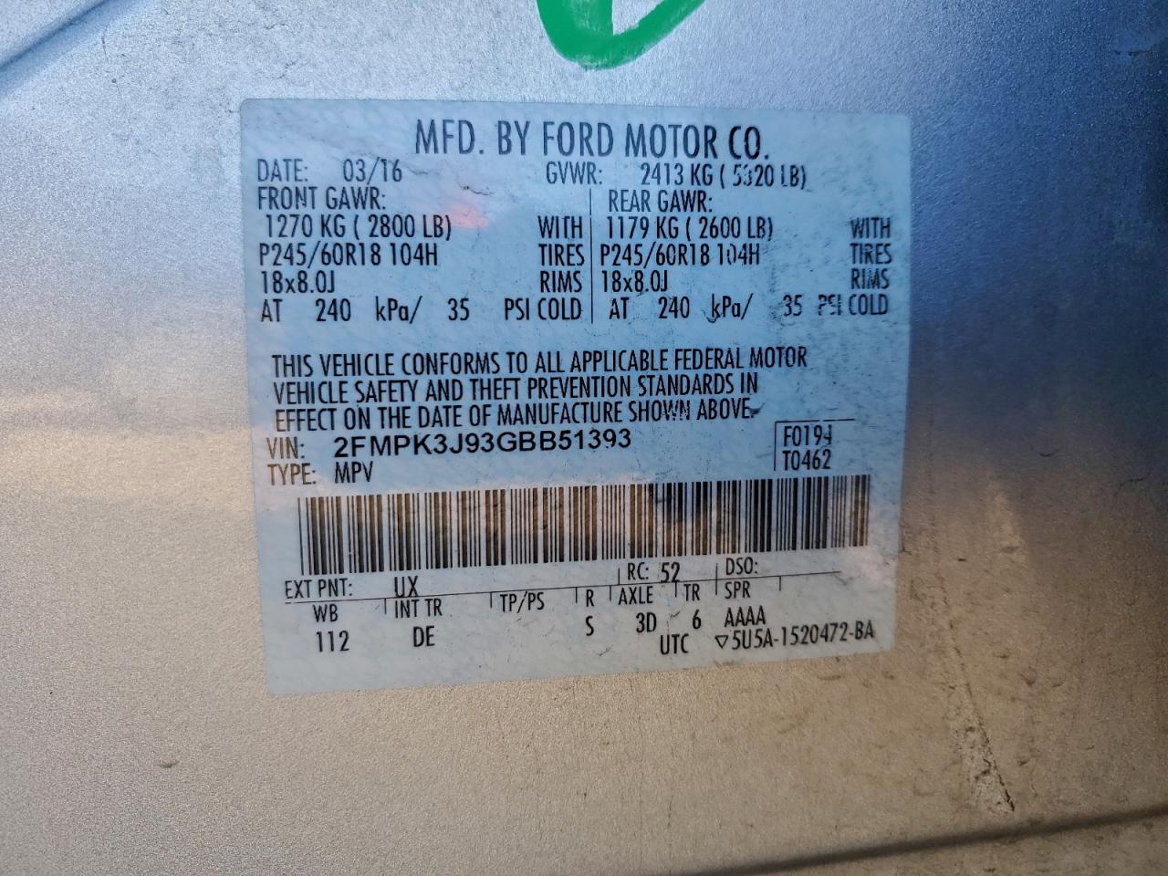 2016 Ford Edge Sel VIN: 2FMPK3J93GBB51393 Lot: 94177045