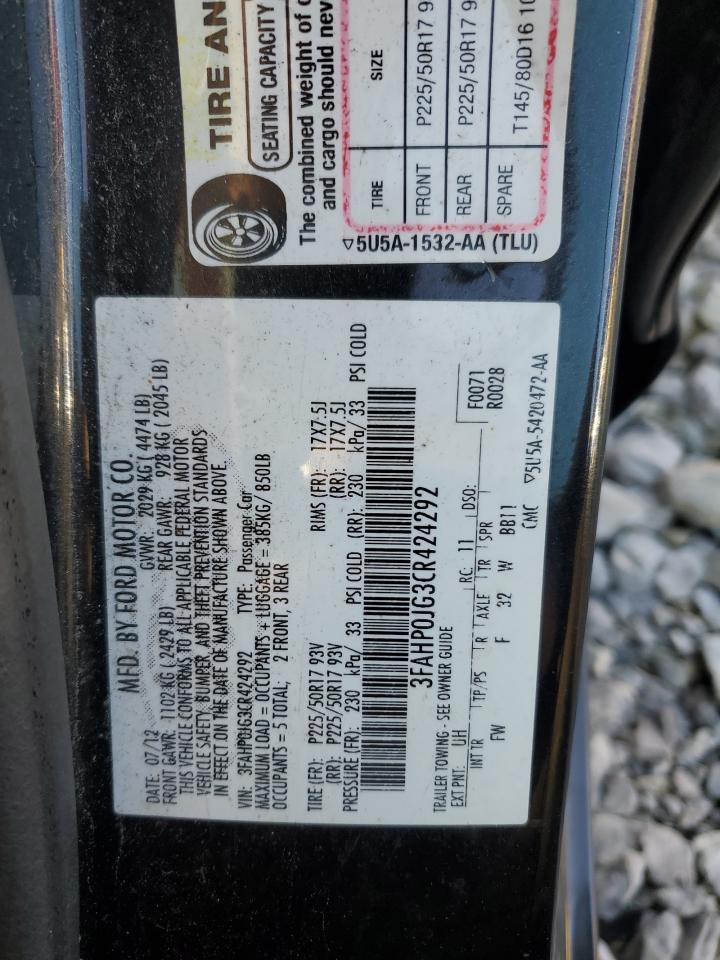 2012 Ford Fusion Sel VIN: 3FAHP0JG3CR424292 Lot: 92460425