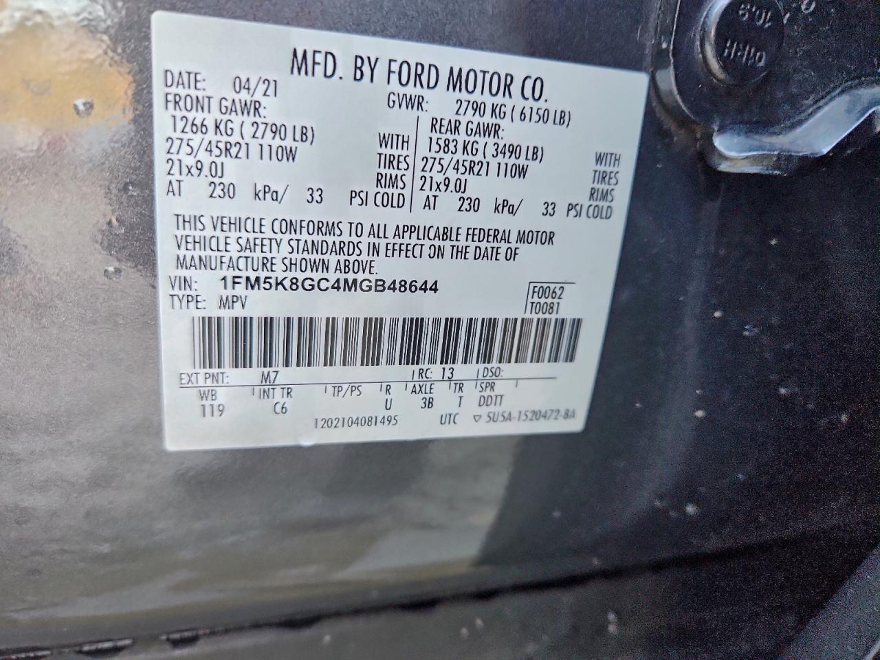 2021 Ford Explorer St VIN: 1FM5K8GC4MGB48644 Lot: 94029125