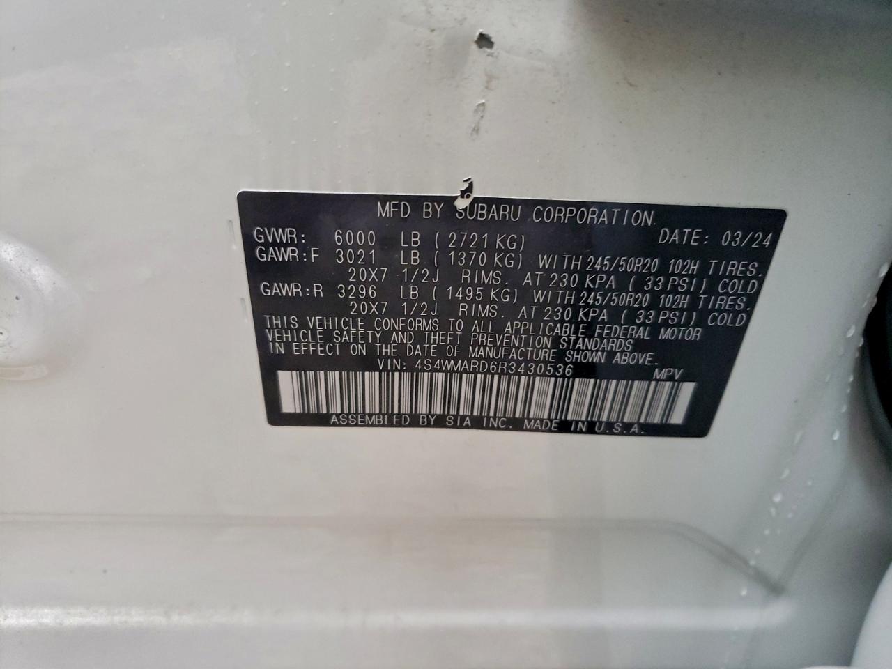 2024 Subaru Ascent Limited VIN: 4S4WMARD6R3430536 Lot: 94256415