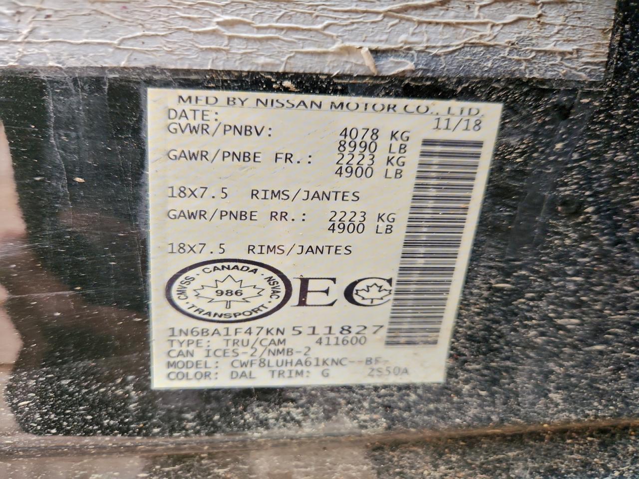 2019 Nissan Titan Xd Sl VIN: 1N6BA1F47KN511827 Lot: 93944395