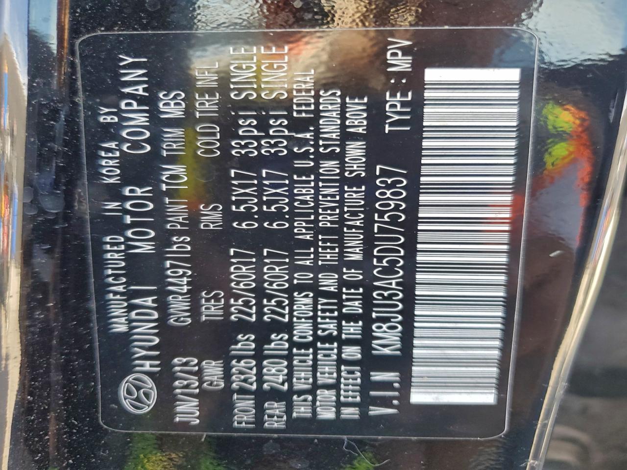 2013 Hyundai Tucson Gls VIN: KM8JU3AC5DU759837 Lot: 94534685