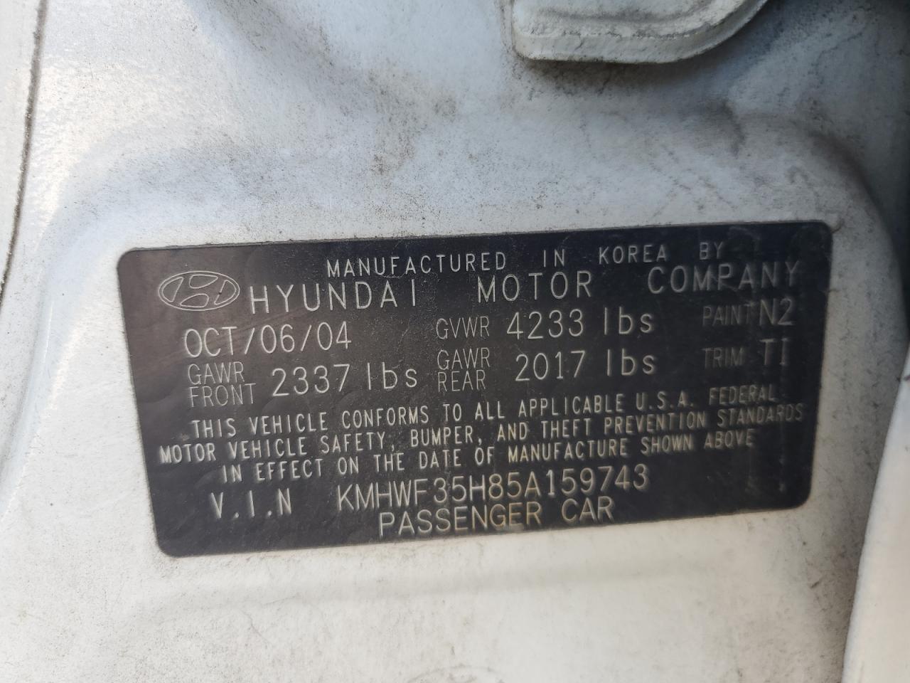 2005 Hyundai Sonata VIN: KMHWF35H85A159743 Lot: 86095085