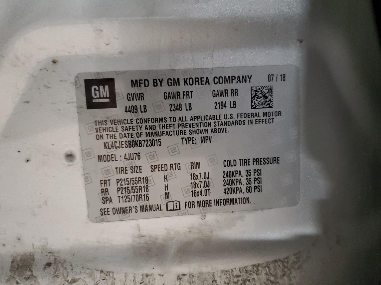 2019 Buick Encore Preferred VIN: KL4CJESB0KB723015 Lot: 92381745