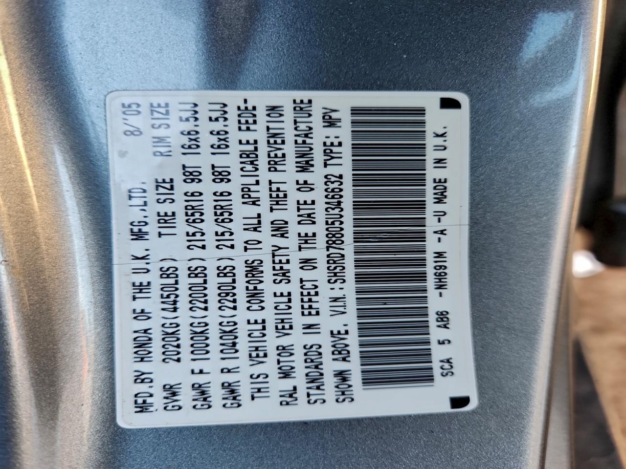 2005 Honda Cr-V Ex VIN: SHSRD78805U346632 Lot: 92760635