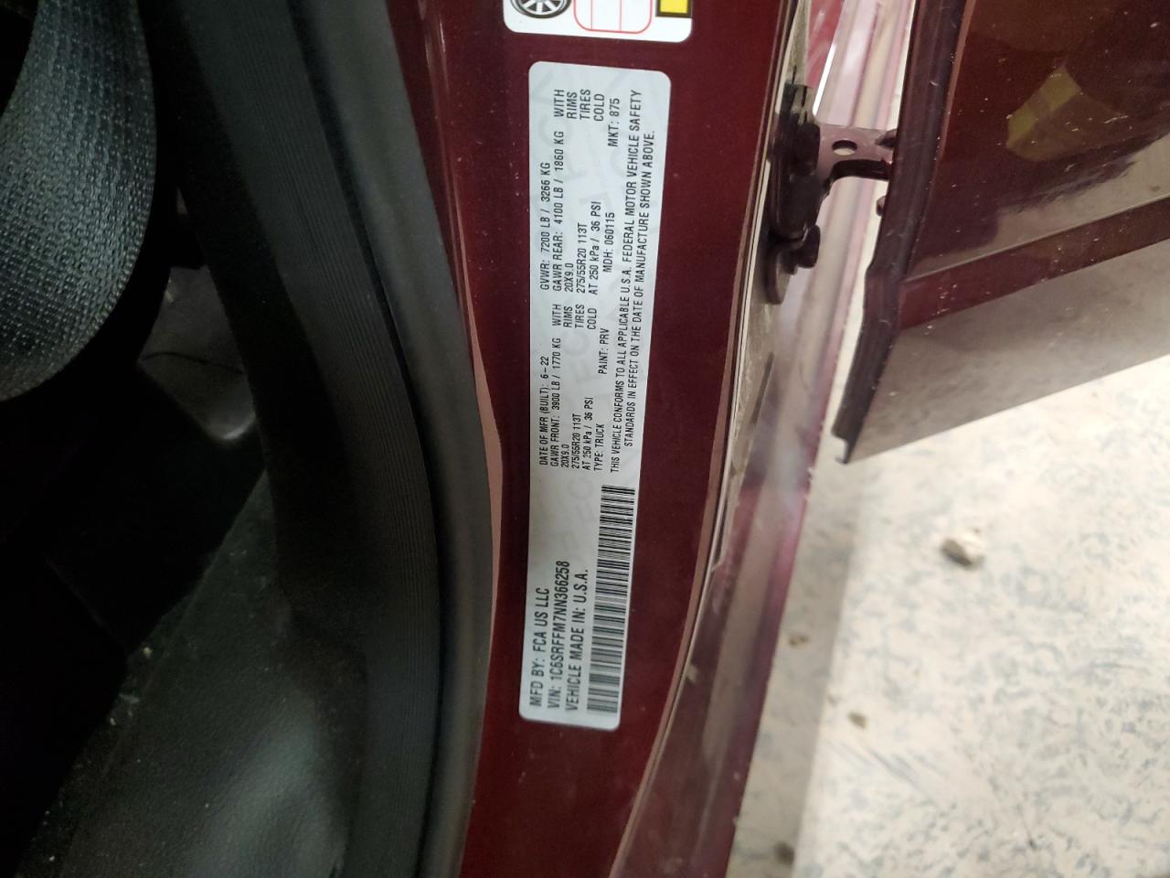 2022 Ram 1500 Big Horn/Lone Star VIN: 1C6SRFFM7NN366258 Lot: 92597245