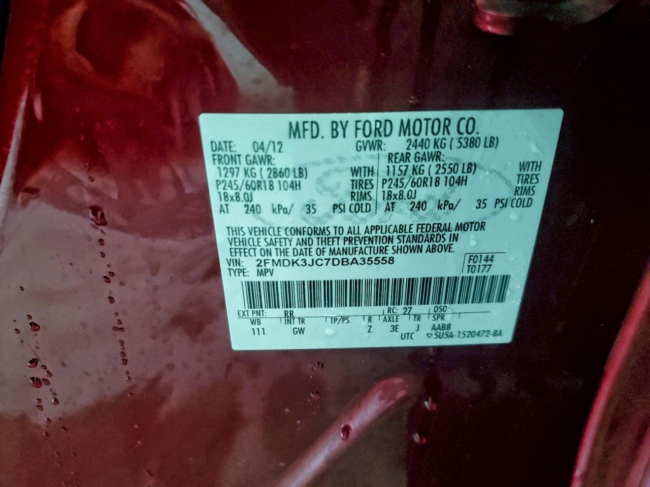 2013 Ford Edge Sel VIN: 2FMDK3JC7DBA35558 Lot: 94541695