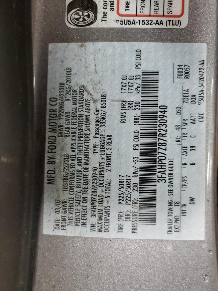 2007 Ford Fusion Se VIN: 3FAHP07Z87R230940 Lot: 93077675