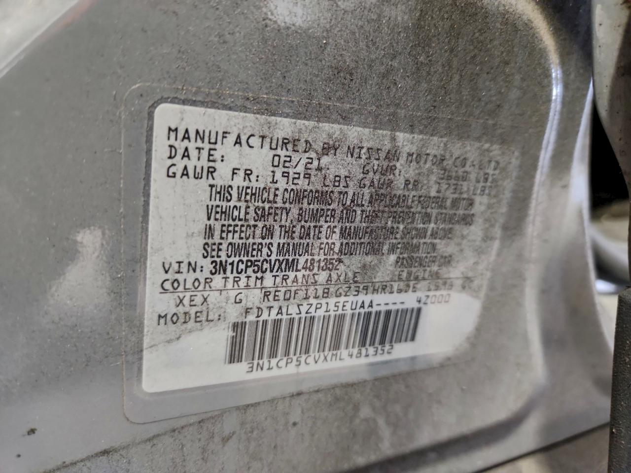 2021 Nissan Kicks Sv VIN: 3N1CP5CVXML481352 Lot: 94294415