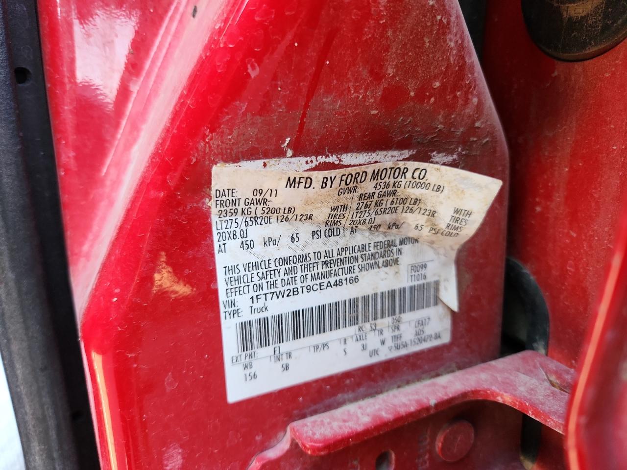 2012 Ford F250 Super Duty VIN: 1FT7W2BT9CEA48166 Lot: 85960225