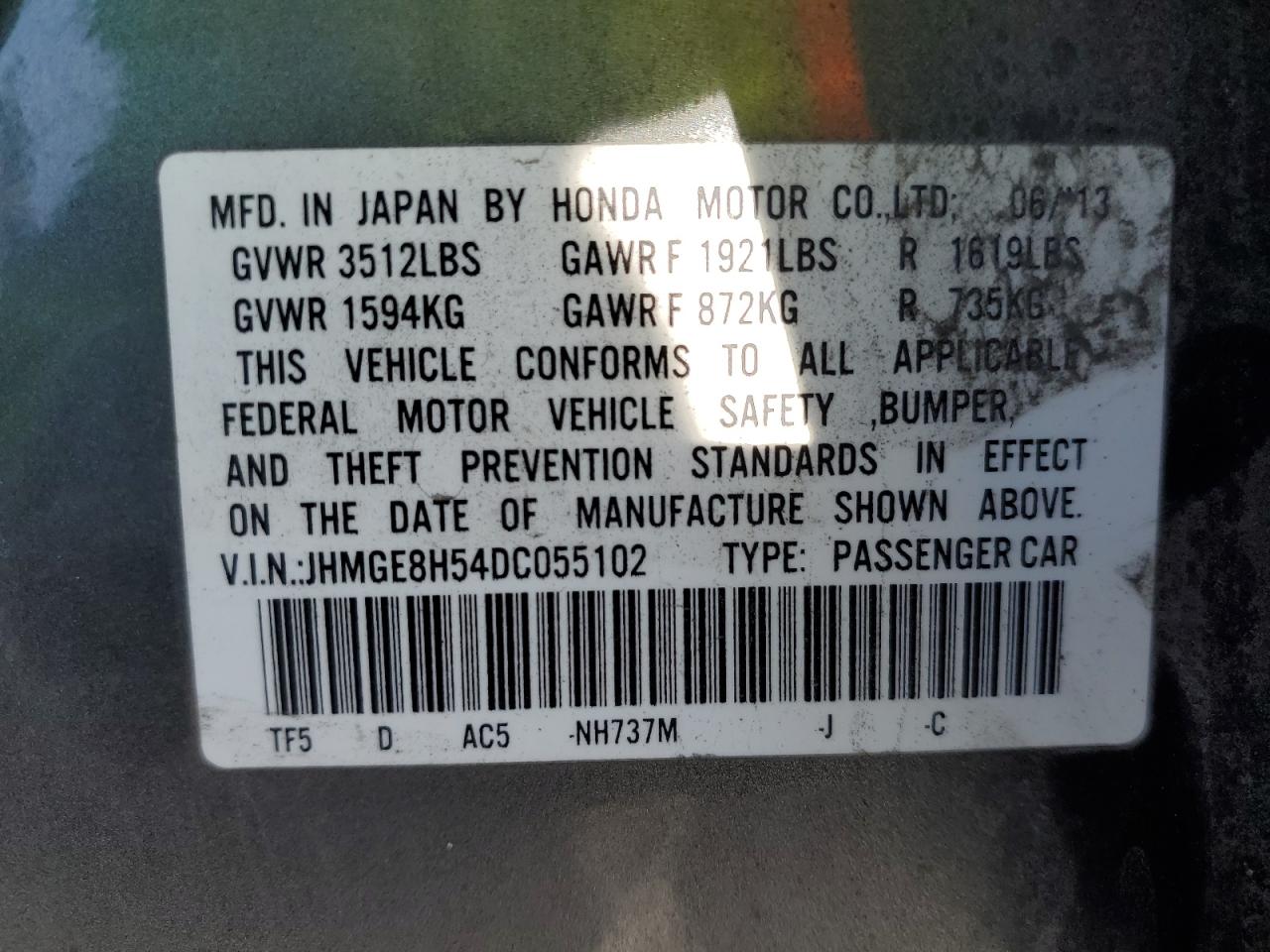 2013 Honda Fit Sport VIN: JHMGE8H54DC055102 Lot: 91965055