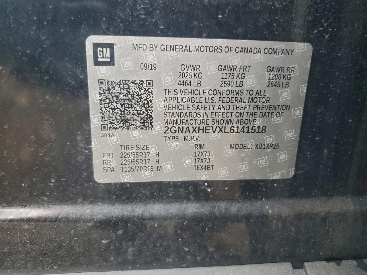 2020 Chevrolet Equinox Ls VIN: 2GNAXHEVXL6141518 Lot: 94206735