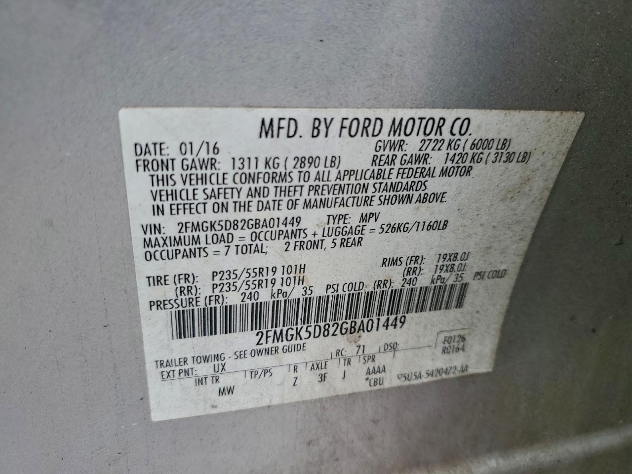 2016 Ford Flex Limited VIN: 2FMGK5D82GBA01449 Lot: 94118905